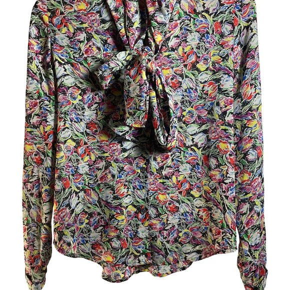 Derek Lam 10 Crosby Womens Floral Blouse Sz 2 Tie Neck Pussybow Watercolor Artsy - Picture 3 of 5